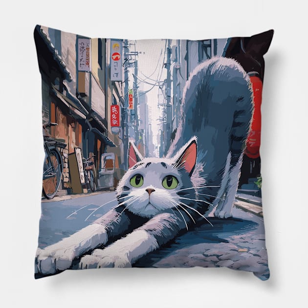 Cat stretching on tokyo street Pillow by TomFrontierArt