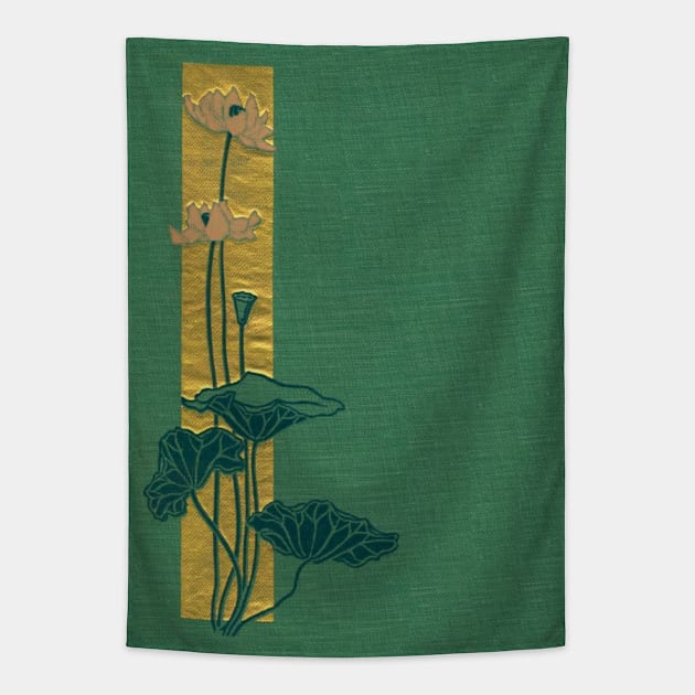 A vintage poetry book cover published in 1899, a minimalist design of pink water lilies on a green linen background, and a bar of hammered gold as an accent. Tapestry by stevepaint