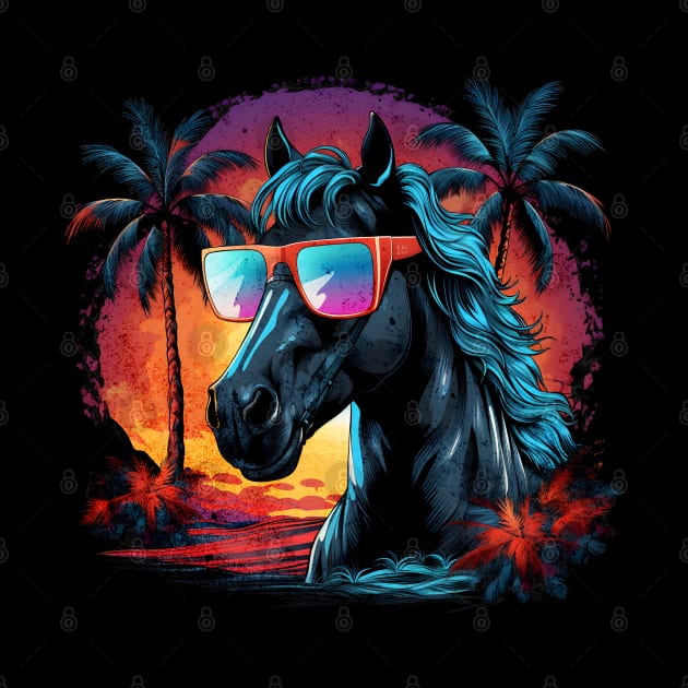 Retro Wave Friesian Horse Good Vibe by Miami Neon Designs