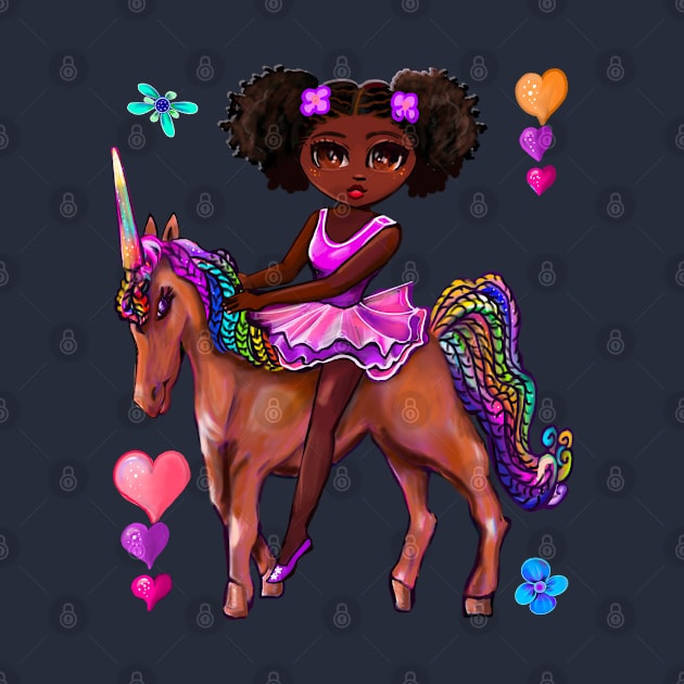 Princess ballerina on a unicorn Afro hair Melanin black African American girl by Artonmytee