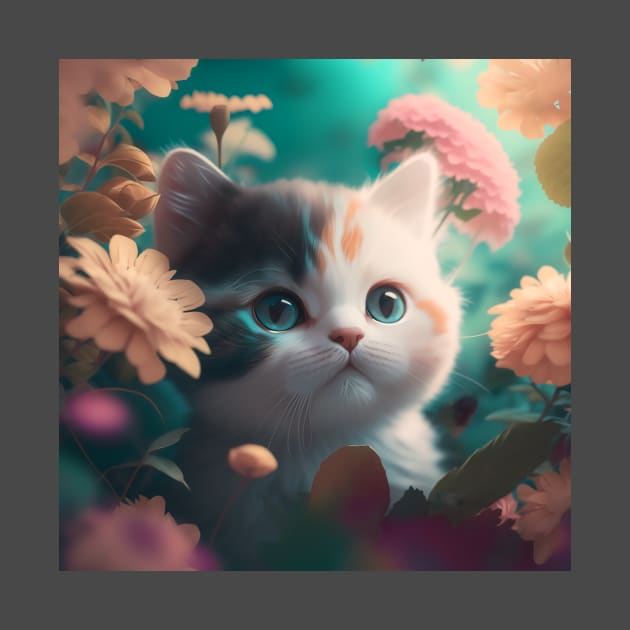 Cute Kitten Blue Eyes Floral Background | White, brown and grey cat with blue eyes | Digital art Sticker by withdiamonds