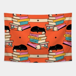 Books and Plant Black Cat Pattern in orange Tapestry