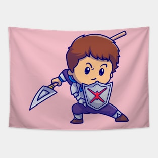 Cute Boy Knight With Shield And Spear Cartoon Tapestry