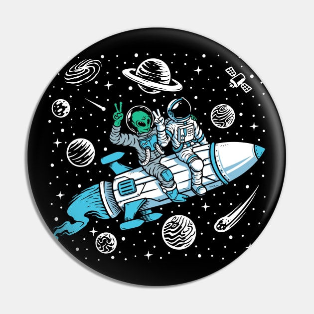 Funny Astronaut and Alien Riding a Rocket // Funny Outer Space Pin by SLAG_Creative