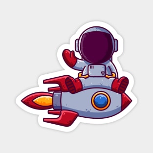 Cute Astronaut Sits on Rocket Cartoon Magnet