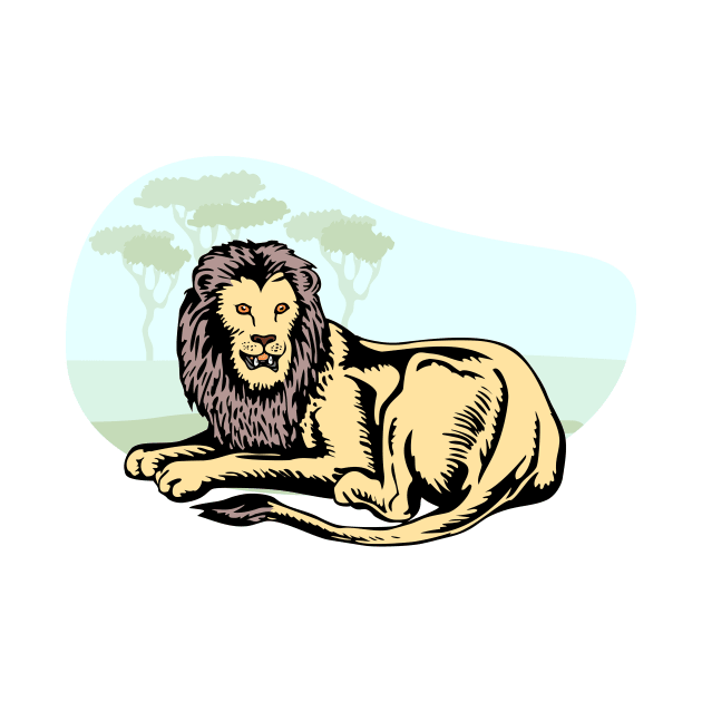 Lion Sitting in Savanna Retro by retrovectors