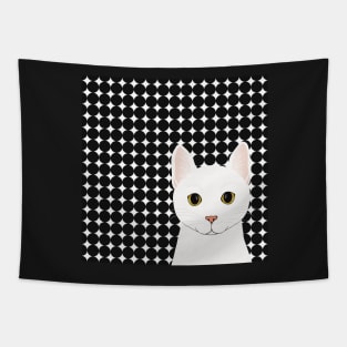 The cute white cat queen is watching you , white and black background pattern Tapestry