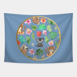 Tropical Floral Cute Animals Circle Tapestry