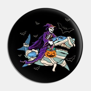 Skeleton Riding Mummy Shark Halloween Costume Pin