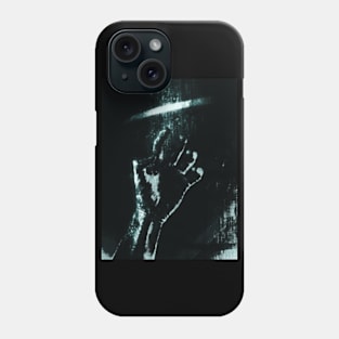 Digital collage and special processing. Person looking on his hand. Bizarre, dark. Grayscale and aquamarine. High contrast. Phone Case