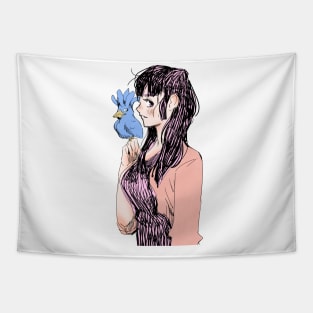 Girl With Blue Bird Tapestry