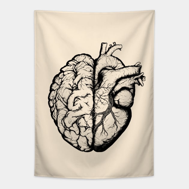 Half brain half heart, brain or heart and feeling, human heart and brain in black Tapestry by Collagedream