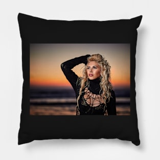 Beautiful woman on the beach at sunrise Pillow