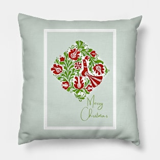 Romanian Folk Art Christmas - Nordic Bird with botanical design Pillow