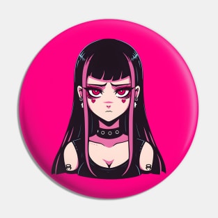 Anime Goth Girl with Chokers and Tattoos - Edgy Character Art Pin