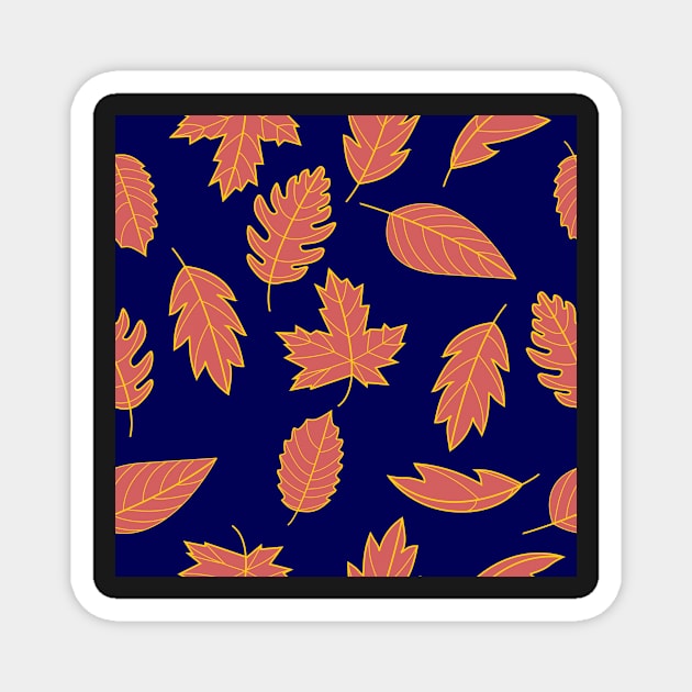 Leaves Pattern - Red and Mustard on Navy Magnet by A2Gretchen