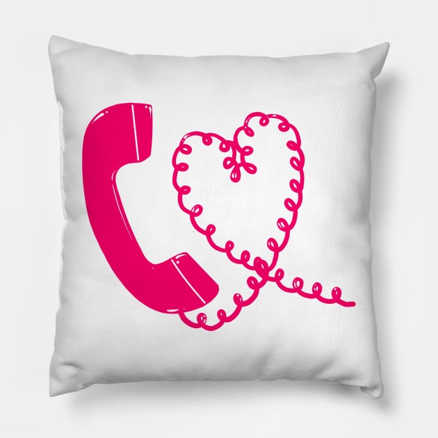 Hot pink retro phone 90s heart cord design Pillow by Juliet & Gin