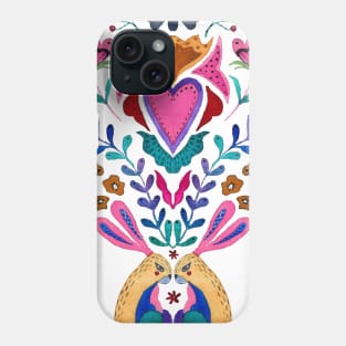 Watercolor folk flowers rabbit lizard bird symmetrical mirrored exotic hand painted illustration modern design Phone Case