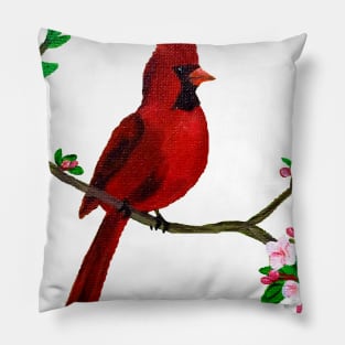 Red Cardinal Perched on Pink Cherry Blossom Branch Pillow
