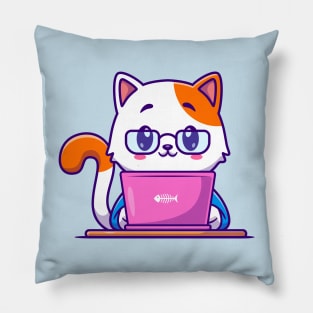 Cute Cat Working On Laptop Cartoon Pillow