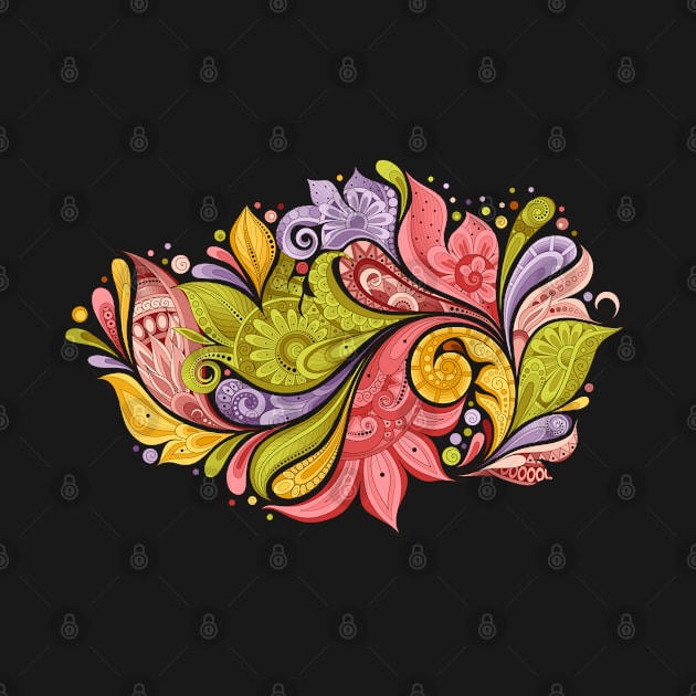 Paisley Garden Indian Style Print on Black by lissantee