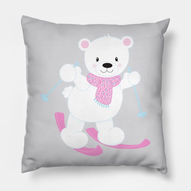 Polar Bear, White Bear, Cute Bear, Skiing Bear Pillow by Jelena Dunčević