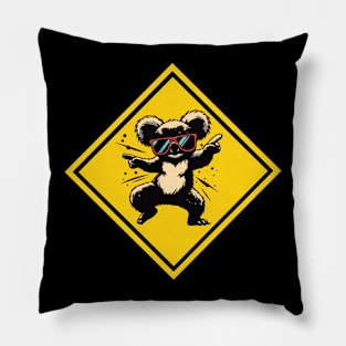 Dancing koala with sunglasses on traffic sign Pillow