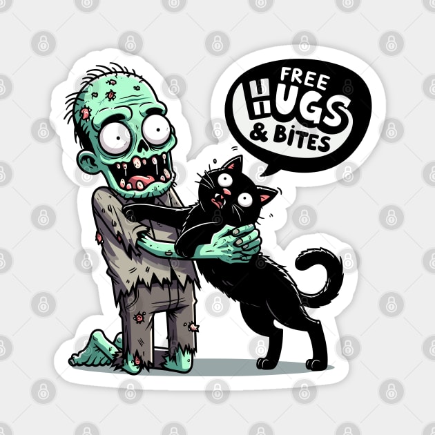 Free Hugs and bites - Zombie hugging black cat Magnet by PrintSoulDesigns