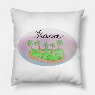 France watercolor Island travel, beach, sea and palm trees. Holidays and vacation, summer and relaxation Pillow