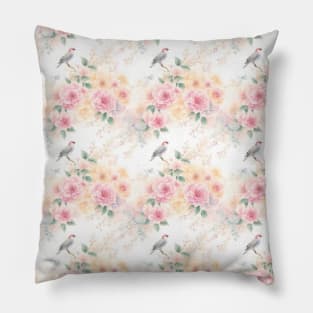 Watercolor Vibrant Wild Bird And Peony Flowers Pillow