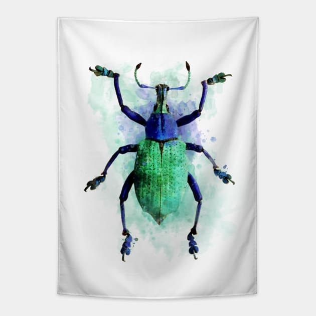 Dramabite Watercolor beetle green purple turquoise insect painting Tapestry by dramabite