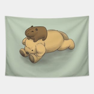 A Baby Capybara and a Puppy Tapestry