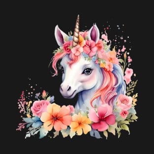 A unicorn decorated with beautiful watercolor flowers T-Shirt