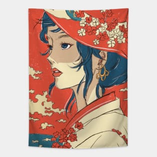 Beautiful girl wearing a red hat on a hot day Tapestry