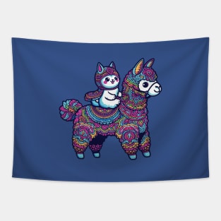 Cartoon white cat riding alpaca Tapestry