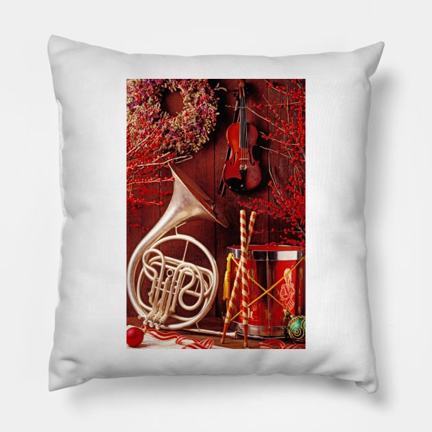 French horn Christmas still life Pillow by photogarry