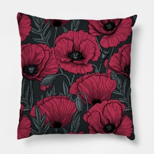 Poppies in Viva Magenta Color of the Year 2023 on dark gray Pillow
