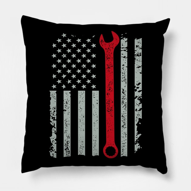 American Auto Mechanic Wrench And Flag Pillow by QUYNH SOCIU