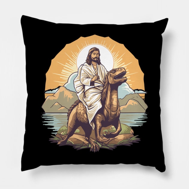 Jesus Christ on a Velociraptor Funny Dinosaur Meme Pillow by DanielLiamGill