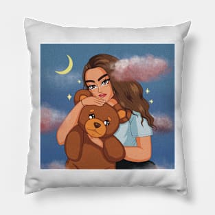 portrait girl holding a teddy bear in the clouds illustration aesthetic Pillow