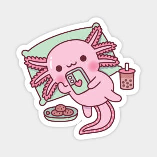 Cute Axolotl Chilling With Handphone Boba Tea And Cookies Magnet