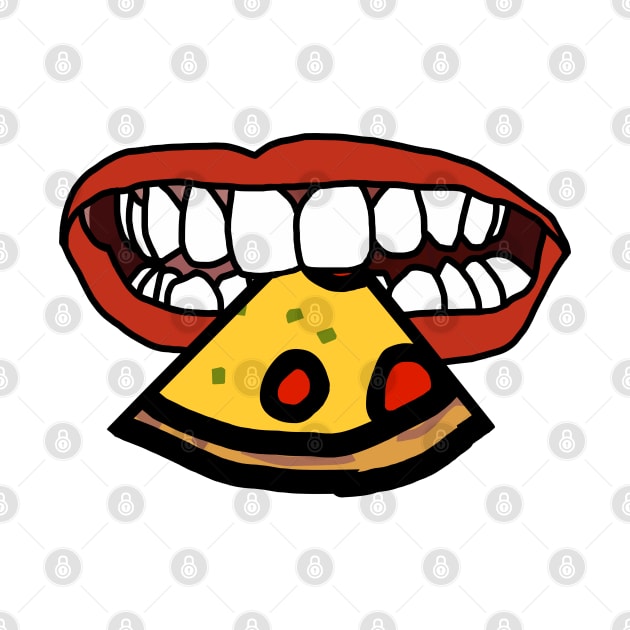 Mouth With Red Lips and White Teeth Eating Pizza Slice by ellenhenryart