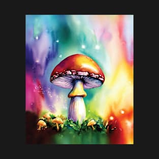 Magic Mushroom in Hand Painted Colorful Background T-Shirt