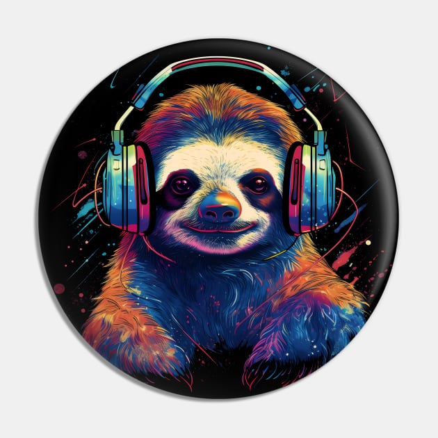 Cosmic Chill: Sloth Soars with Celestial Soundwaves Pin by RetroPrism