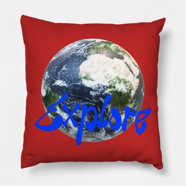 Explore Earth: Streetwear Design with Playful Blue Typography Pillow by Amourist