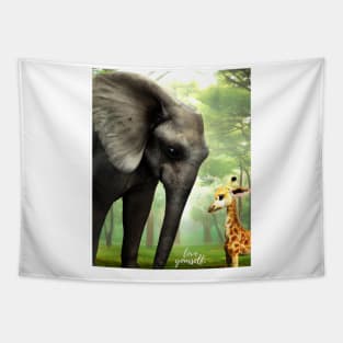 Love Yourself: Motivational Digital Art of an Elephant and Baby Giraffe in the Jungle Tapestry