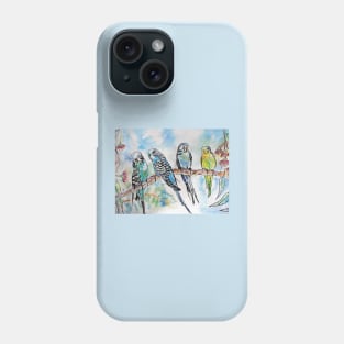 Colourful Budgies Budgerigars Sitting on A Branch Watercolor Painting Phone Case