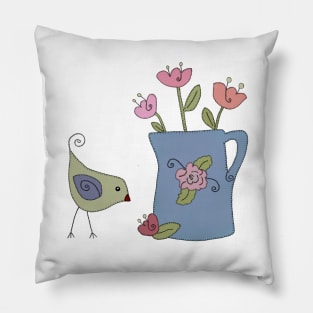 Vogel mit Blumenvase Pillow