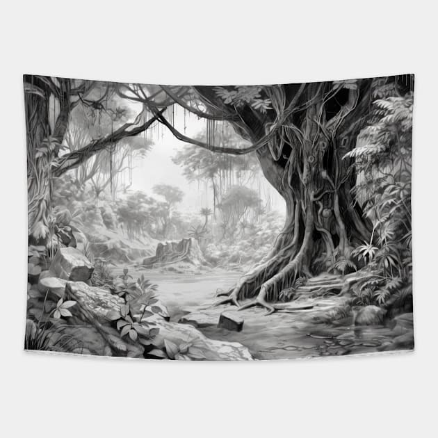 Ancient Tree Landscape Nature Adventure Ink Sketch Style Tapestry by Cubebox