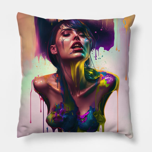 Elegantly Wasted - Emotionally Fluid Collection - Psychedelic Paint Drip Portraits Pillow by JensenArtCo